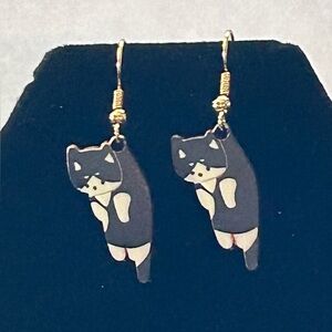 Handmade Black White & Gold Cat Earrings Brand New